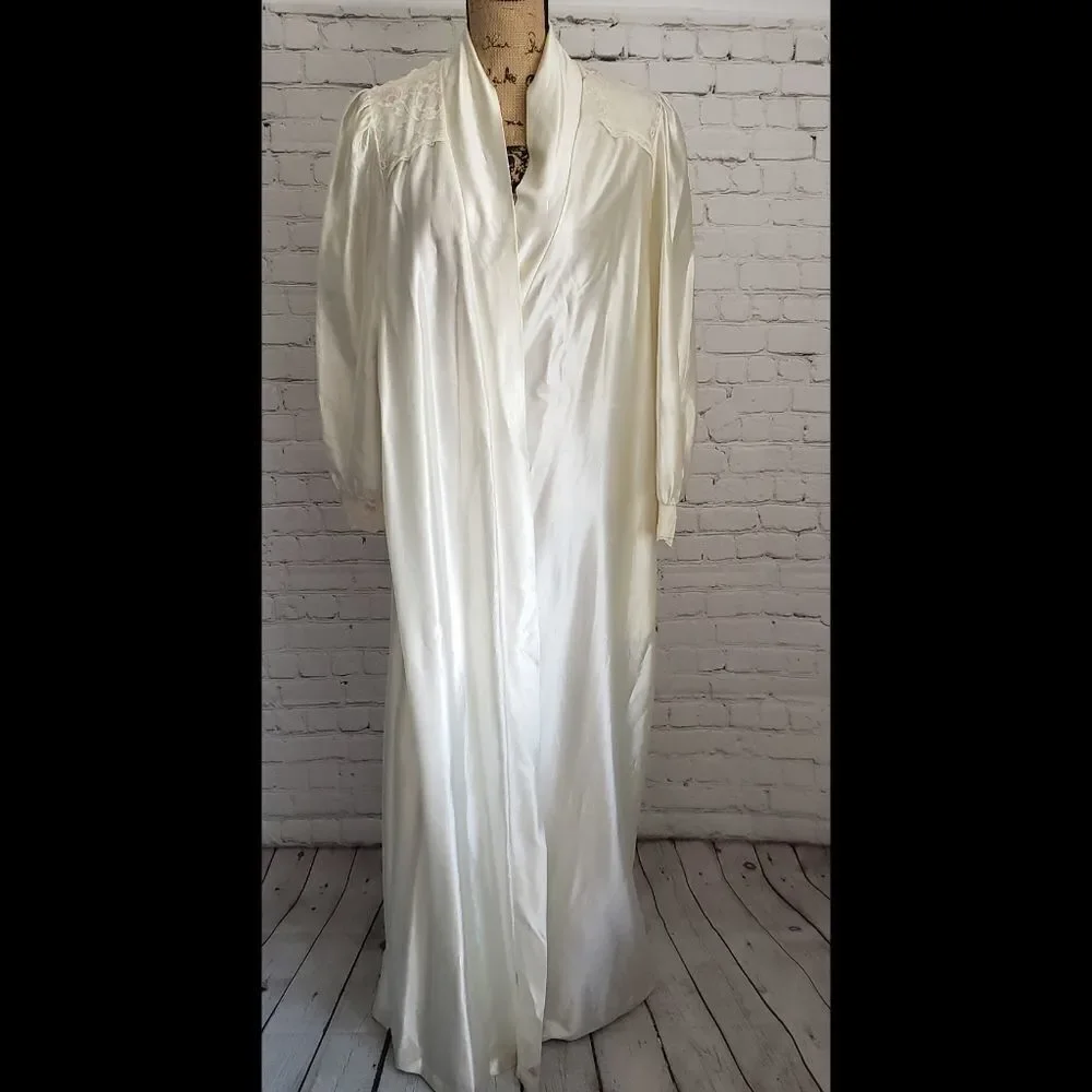 Vintage 70s Barad Cream Robe House Coat Bridal Robe Long Sleeve Long Length - Picture 2 of 13